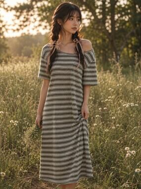 Soft Stripes + Slow Days casual slouchy tee shirt pocketed midi dress